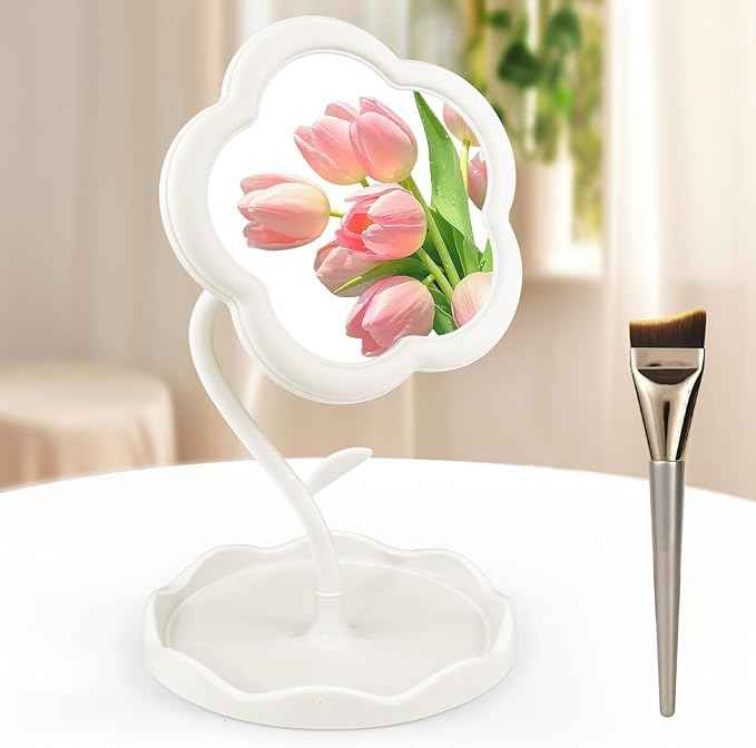Desk Mirror, Desk Flower Compact Adjustable Vanity Mirror, Office Cubicle with Jewelry Tray & Foundation Brush, Cute Makeup Mirror with Standing, Home Decor for Bedroom Living Room Dormitory(White)