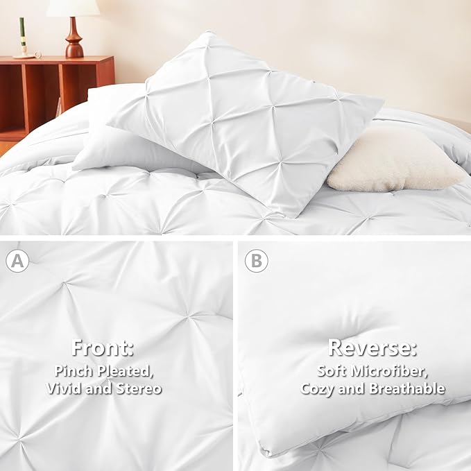 CozyLux Twin XL Comforter Set White, 5 Pieces Twin Extra Long Pintuck Bed in A Bag for College Dorm, Pinch Pleat Bedding Set with Comforter, Sheets, Pillowcase & Sham