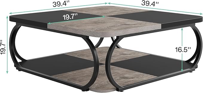 Tribesigns Coffee Table with Open Storage Shelf for Living Room, 39 Inch Large Wood Center Table Square Low Coffee Tables 2 Tier Farmhouse Tea Table with Metal Frame for Home Office, Black Rustic Grey