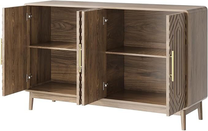 Ball & Cast 55" Modern Sideboard Cabinet with Storage, Carved 4-Door Buffet w/Adjustable Shelves & Solid Wood Legs, Credenza & Accent Cabinet for Living Room, Entryway, Kitchen,Dining Room,Walnut