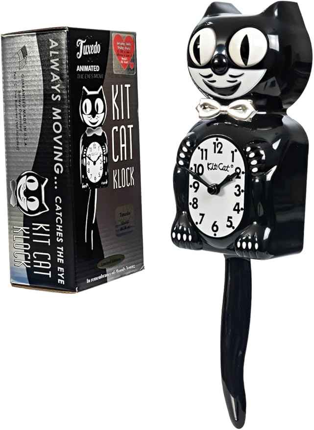 Kit-Cat Tuxedo Clock, Limited Edition Anniversary, Black with Chrome Bow Tie, Classic Moving Eyes and Tail