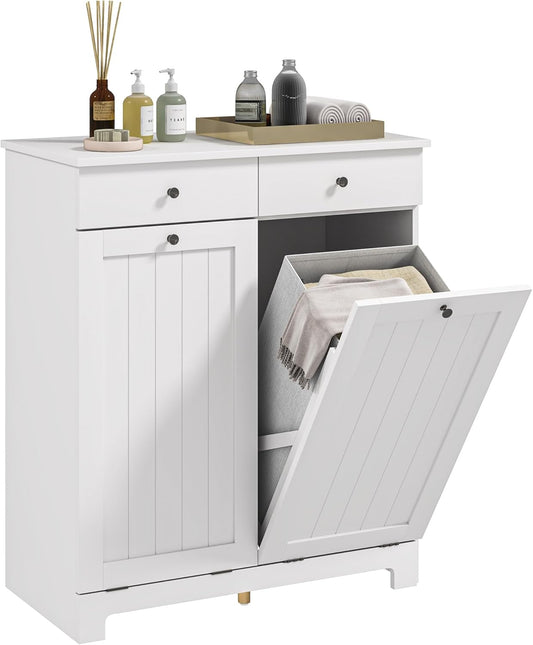 HOMCOM Laundry Hamper Cabinet with 2 Removable Baskets, Tilt Out Laundry Hamper Cabinet with 2 Drawers and 2 Beadboard Doors, Laundry Cabinet Bathroom Storage Cabinet, White