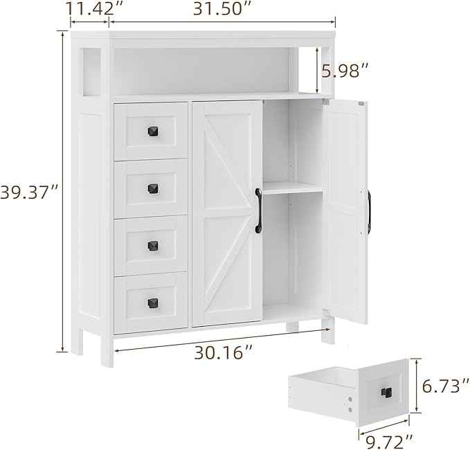 Vabches Farmhouse Storage Cabinet with 2 Doors and 4 Drawers, Freestanding Bathroom Compartment Kitchen Pantry Cabinet, Floor Cupboard for Kitchen/Living Room/Bathroom,White
