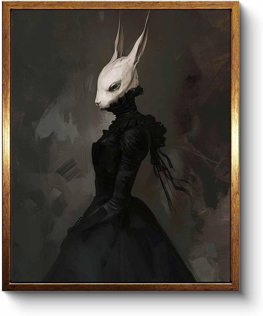 VIYYIEA Framed Canvas Wall Art Home Decor Gothic Room Decor Prints, Vintage Rabbit Lady Wall Decor, Aesthetic Dark Academia Halloween Wall Pictures Gold Framed Goth Artwork 9x11in