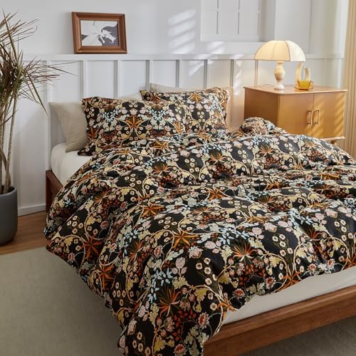 Queen Comforter Set Vintage Paisley Floral Comforter Set with Flowers Leaves Pattern Fluffy Soft Vibrant Bohemian Floral Bedding Set Cottagecore Botanical Flowers Comforter with 2 Pillow Shams