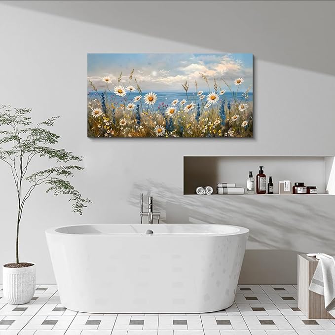 Wapluam Blue Ocean Canvas Wall Art for Living Room Wall Decor For Bedroom Bathroom Decoration Natural Seascape Painting Modern Office Wildflowers Artwork Large Pictures Home Decor Ready To Hang