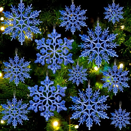 Christmas Tree Decorations Snowflake Ornaments 36Pcs Blue Silver Glitter Plastic Hanging Snowflakes from Ceiling Snow Flakes Decorating Hanging for Winter Wonderland Decorations Indoor Outdoor Decor (36 Count)