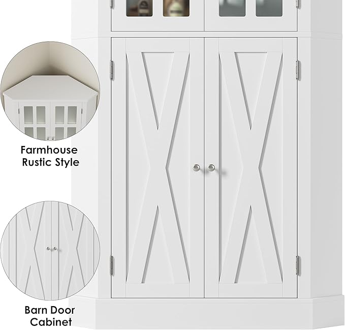 67" Corner Cabinet, Corner Kitchen Pantry with Doors, Farmhouse Kitchen Cabinet with 6 Storage Shelves, Space Saver for Bathroom, Living Dining Room, White