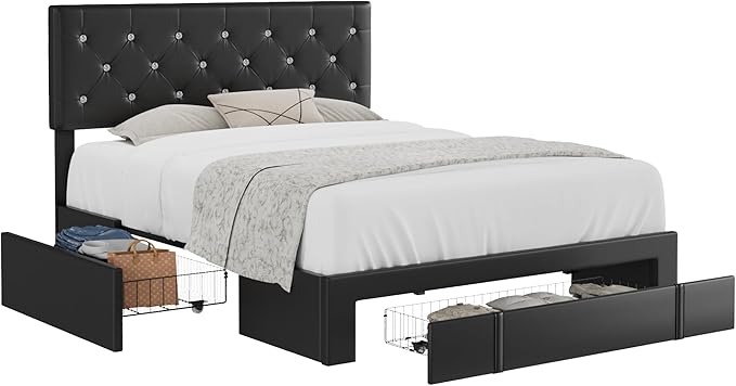 VECELO Full Size Bed Frame with 3 Storage Drawers, Leather Upholstered with Diamond Tufted Headboard, Solid Wood Slat Support, No Box Spring Needed, PU Black