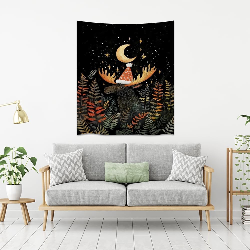 Cute Moose Tapestry Winter Christmas Aesthetic Wall Hanging Decor Funny Animal Lover Gift Whimsical Christmas Tapestries for Nursery Kids Bedroom Home Living Room Decoration 60x80inch