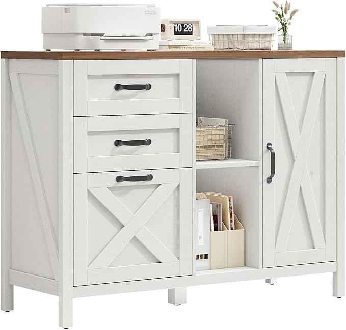 Vabches Lateral File Cabinet, Farmhouse 3 Drawer File Cabinet with Open Storage Shelf for Letter/Legal/A4 Size Hanging Files, Large Wood Storage Cabinets Printer Stand for Home Office, White