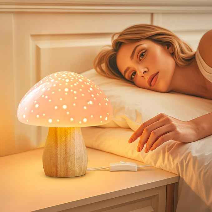 BOHON Mushroom Lamp, Ceramic Bedside Table Lamp for Bedroom Nightstand, Vintage Cute Night Light, Small Lamp for Living Room Kids Desk Home Decor Girls Mother's Day Gifts, LED Bulb Included, Pink