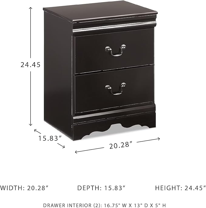 Signature Design by Ashley Huey Vineyard Traditional 2 Drawer Nightstand, Louis Phillippe Styling, Pewter Colored Handles, Shapely Mouldings, Smooth Operating Drawers, 24.45" Tall, Black