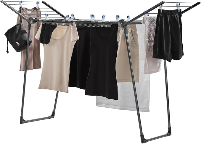 Leifheit Pegasus 150 Solid Slim Black Edition Clothes Airer, Stable Tumble Dryer, Long Wings, Particularly Compact Wing Balcony Airer That Goes Through Narrow Doors