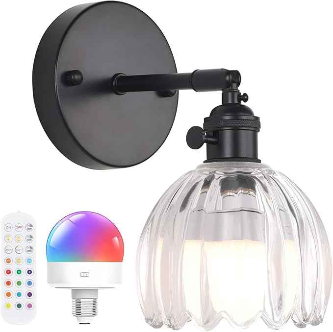 Vintage Battery Operated Wall Sconce with Transparent Tulip Glass Lampshade Rechargeable Battery Powered Black Wall Light with Remote Control for Bedside Bedroom Doorway