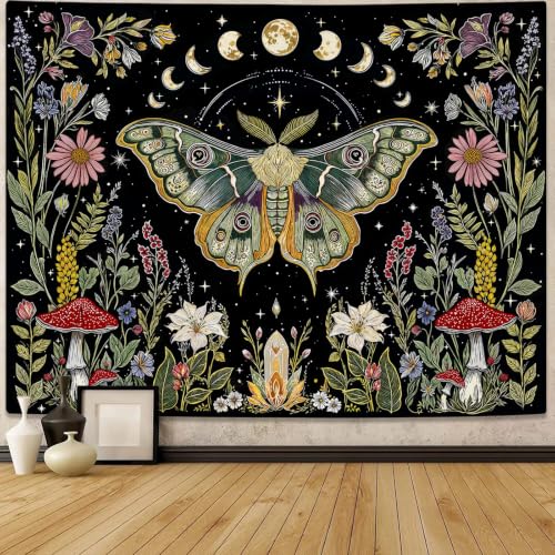 Boho Vintage Moth Luna Botanical Floral Tapestry 48 x 36 Inch