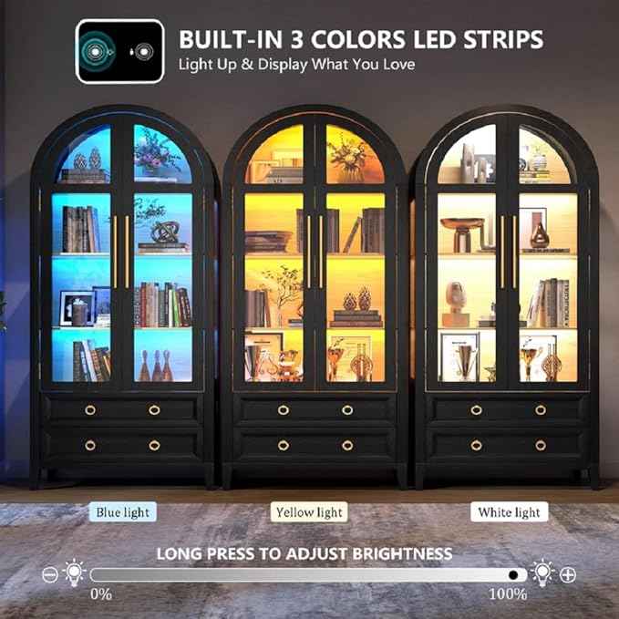 Arched Curio Cabinet with Glass Doors, 4-Tier Display Cabinet with 2 Drawers, Tall Bookcase with 3 Color Lights, Display Case, Kitchen Pantry, Black+Wood