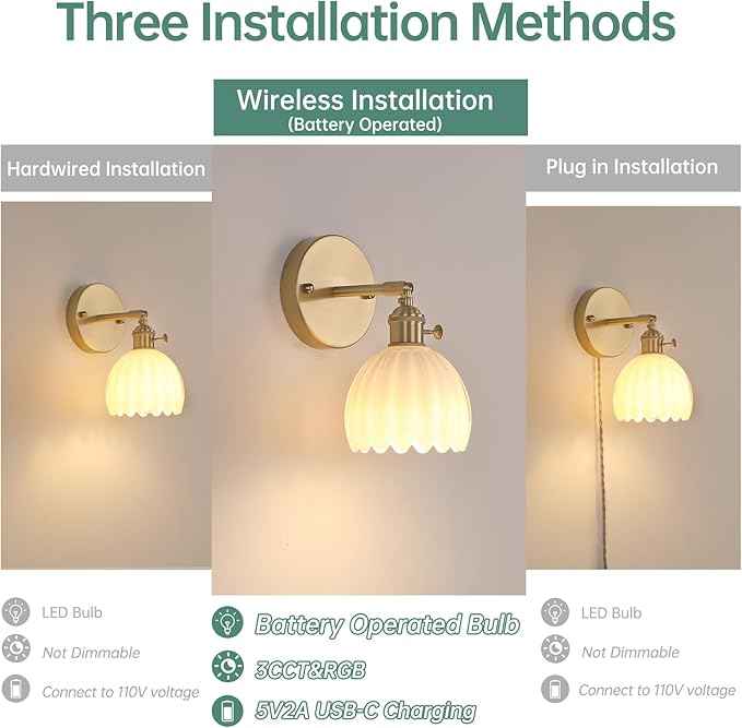 Vintage Battery Operated Wall Sconce with White Tulip Glass Lampshade Rechargeable Battery Powered Wall Light with Remote Control for Bedside Bedroom Doorway, Set of 2
