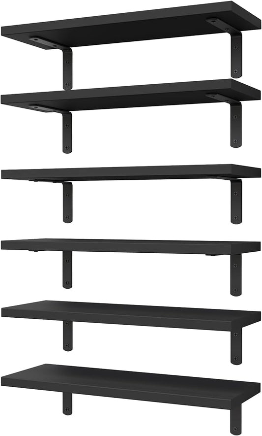 WOPITUES Wood Floating Shelves Set of 6, Shelves for Wall Decor, Farmhouse Shelf for Bedroom, Bathroom Storage Shelves, Book Shelves for Living Room-Black