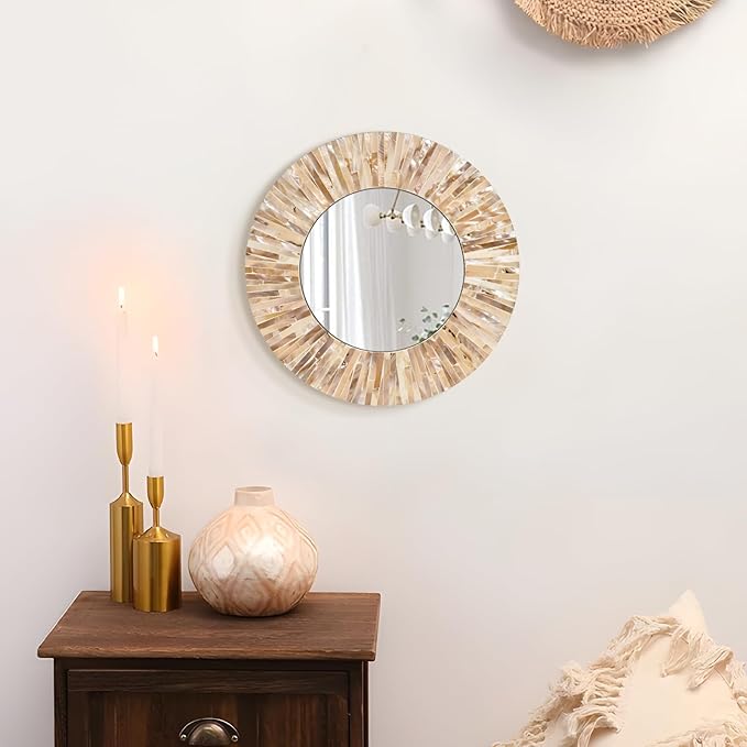 Boho Decorative Mirror for Living Room, 3PCS Handcrafted Mother of Pearl Mirror Wall Decor for Home Dorm Apartment Hallway Staircase, Mosaic Art Plates for Wedding Decoration (Dark Brown)