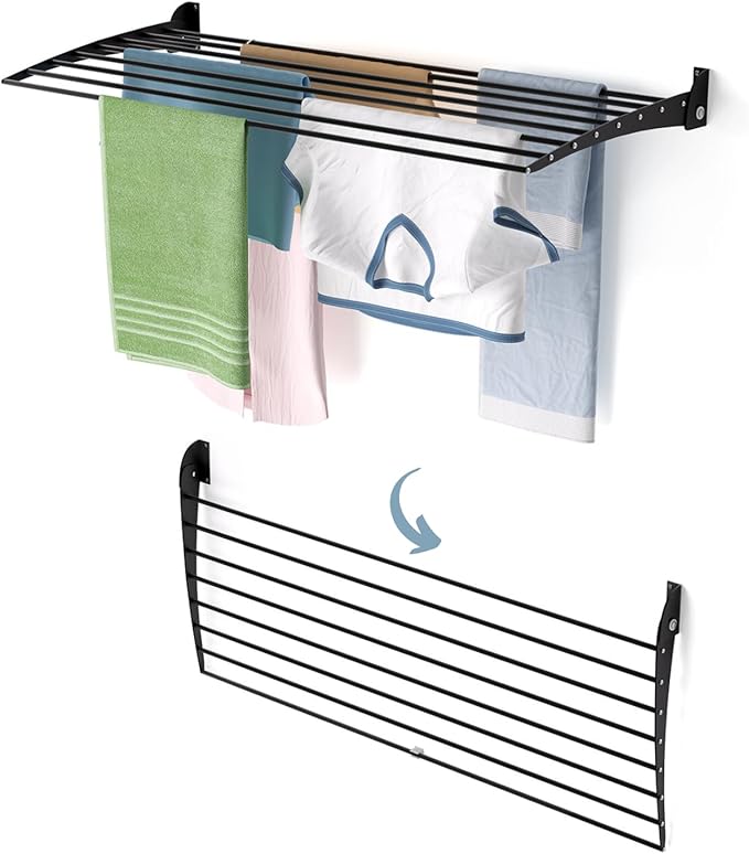 foxydry Fold, Wall Drying Rack, Vertical Drying Rack for Indoor and Outdoor Aluminium and Steel (Black, 118 cm / 46.45 in)