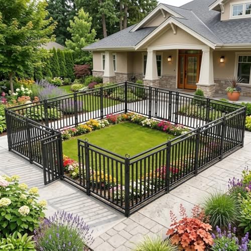 110ft (L) × 47in (H), 42 Panels & 6 Gates Garden Fence, Durable Outdoor Yard Barrier, Secure Garden Fencing, Weather-Resistant Fence for Privacy & Decoration, Black-Silver