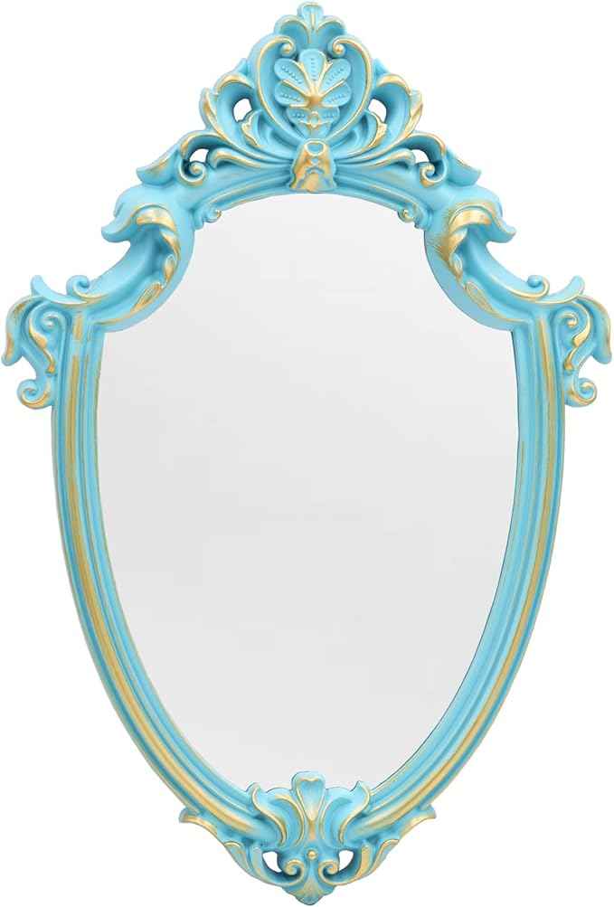 Eaoundm 16.5 x 11 inch Vintage Shield Shape Decorative Wall Mirror (Blue)