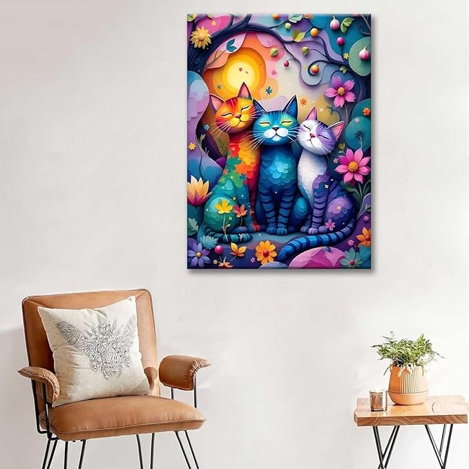 Paint by Numbers Kit for Adults Framed, Colorful Whimsical Cats in Flower Garden, DIY Oil Painting, Pre-Printed Canvas Wall Art Home Decor Gift, 20x24inch Framed, 24 Colors