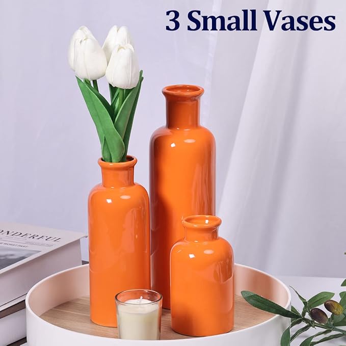 Ceramic Vase Set - 3 Orange Small Vases, Farmhouse Country Flower Vase Home Decor, Living Room Decoration, Table Decoration, Fireplace Decor, and Entrance Decorations Centerpieces