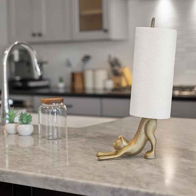 WallCharmers Gold Paper Towel Holder, Metal Toilet or Kitchen Paper Holder for Floor or Countertop, Gold Cat