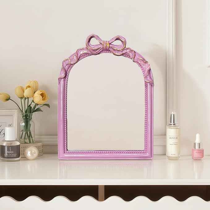 Pink Bow Mirror - 13x10 Inch Perfect Elegant Decorative Accent, Wall-Mounted Tabletop Makeup Mirror for Nursery Baby Room Bedroom Decor