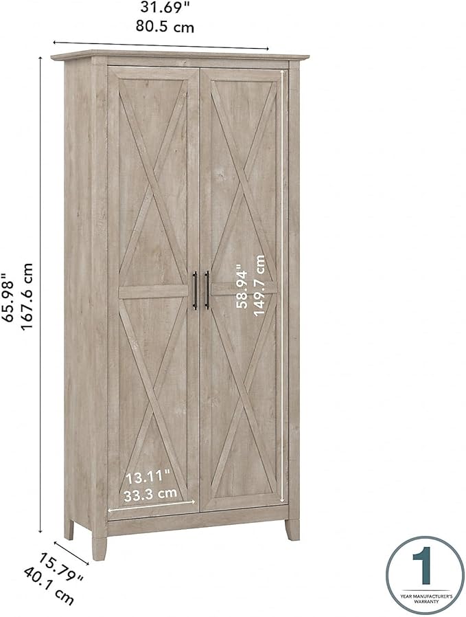 Bush Furniture Key West Tall Storage Cabinet with Doors and Shelves in Washed Gray, 2 Door Organizer for Home Office, Living Room, Entryway