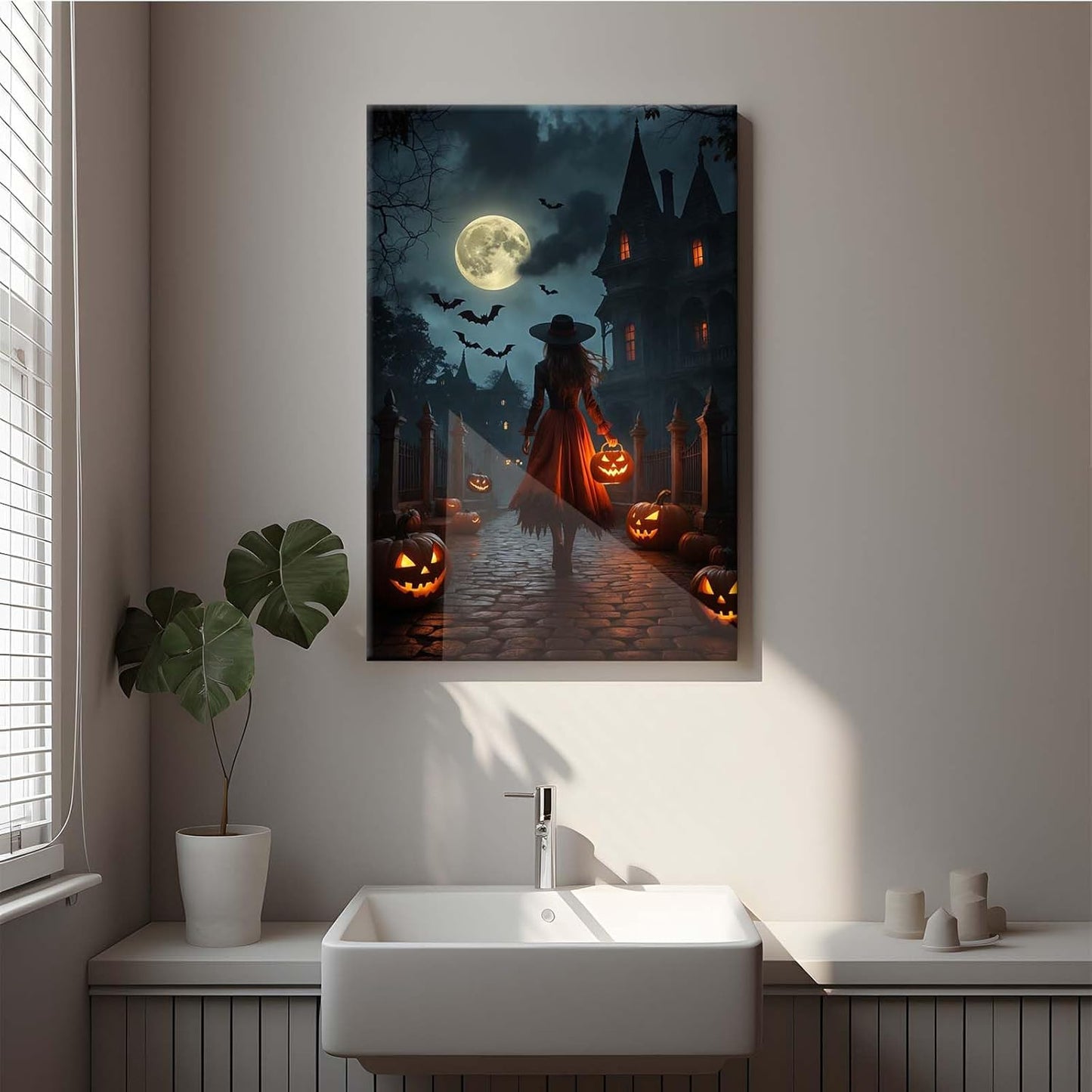 JFHCQJPK Halloween theme poster moonlit autumn night witch vintage poster art print dark college style gothic painting canvas wall decoration bedroom living room ideal gift8x12in Frameless