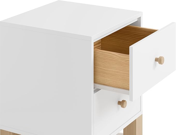 Storkcraft California 2 Drawer Nightstand (White with Driftwood) - GREENGUARD Gold Certified Nightstand for Kids Bedroom, Premium Wood Storage with Elegant, Iconic Block Feet