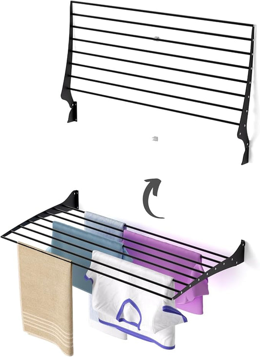 foxydry Fold Wall Mounted Clothes Drying Rack, Black Folding Laundry Airer for Indoor or Outdoor Use Aluminium and Steel 39.4x20x21 in (39.37 in / 100 cm)