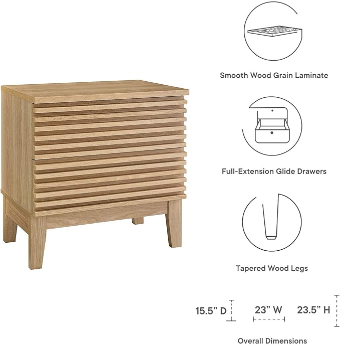 Modway Render Mid-Century Modern, Two-Drawer Nightstand, Oak
