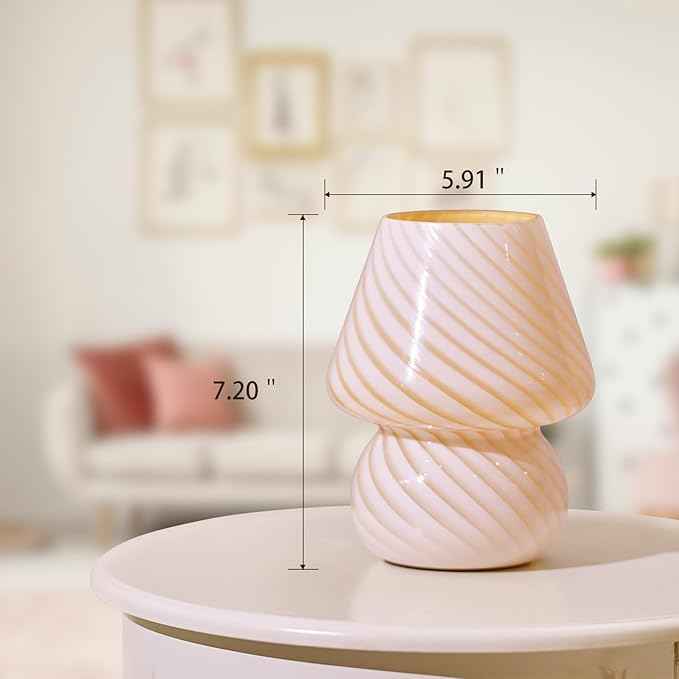 ONEWISH Mushroom Lamp-Small Bedside Table Lamp with Striped Glass, Nightstand Night Light for Bedroom Living Room, 3000K 6.5W Bulb Included, for Christmas Day, Creamy Yellow