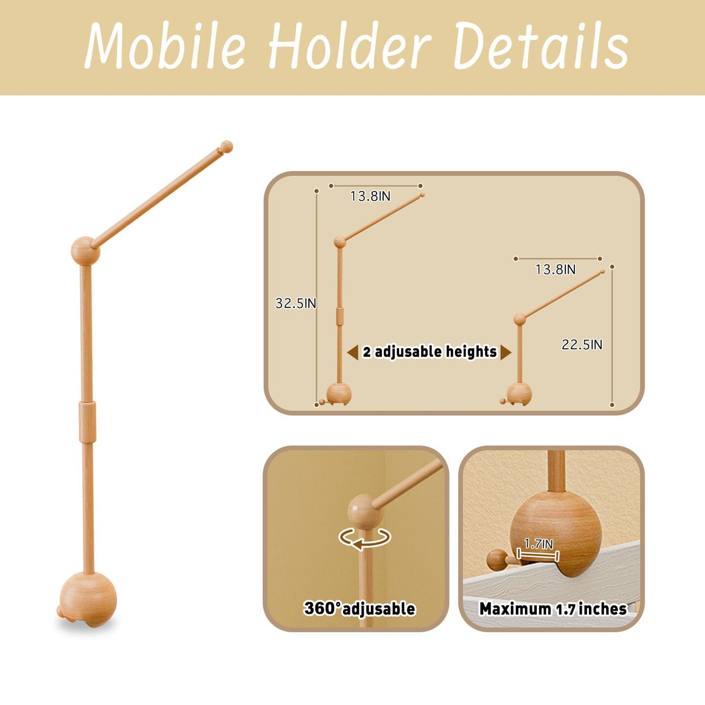 Crib Mobile Arm with Music Box,32.5 Inch Crib Mobile Stand,Wooden Mobile Arm for Crib (2 Modes,360°Adjustable,100% Beech Wood) Baby Crib Mobile for Boy and Girl