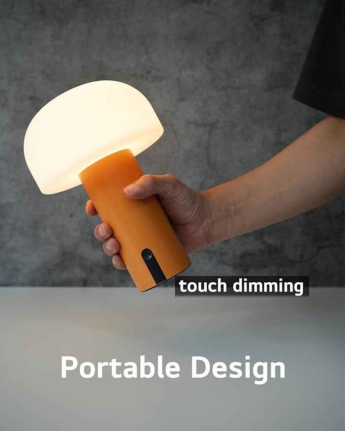 Cordless Mushroom Table Lamp, Waterproof Shower Lamp, Battery Operated Table Lamp Rechargeable, Touch Dimmable Night Light for Bedroom/Patio/Camping/Dinning/Outdoor (Orange)