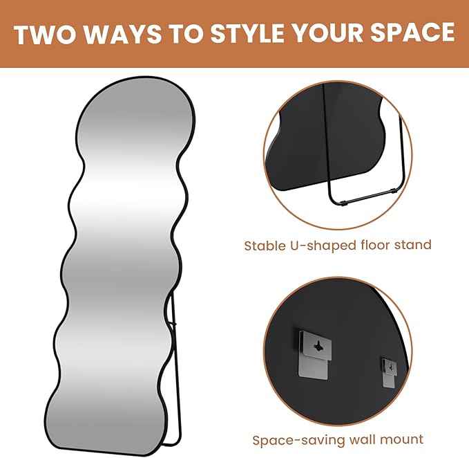 WTTY 71x28 Wavy Full Length Mirror with Stand for Bedroom, Living Room, Cloakroom, Shatterproof, Aluminum Frame