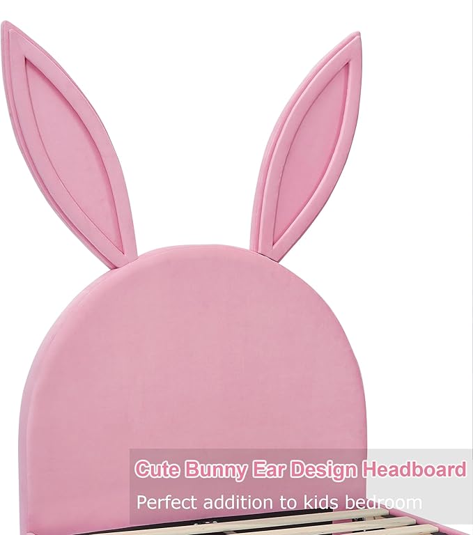 VECELO Twin Size Bed Frame with Storage Organizer, Heavy-Duty Platform with Rabbit Shaped Headboard for Girls Kids Room, Storage Organizer, Easy Assembly, Pink