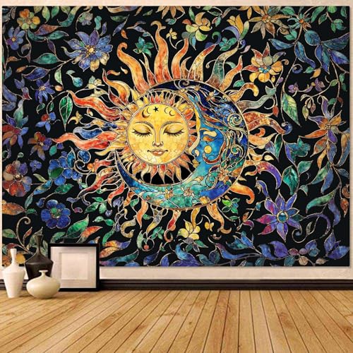 Sun and Moon Tapestry for Bedroom Boho Hippie Floral Wall Tapestry Aesthetic Vintage Stained Glass Plant Small Tapestries Wall Hanging for Living Room Dorm 60 x 44 Inch