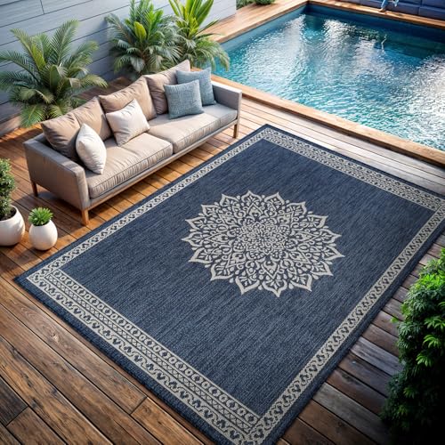 Outdoor Rug 10x14 Medallion Blue Modern Large Area Rugs for Indoor and Outdoor Patios Kitchen and Hallway Mats Washable Porch Deck Outside Carpet (140 Sq Ft)