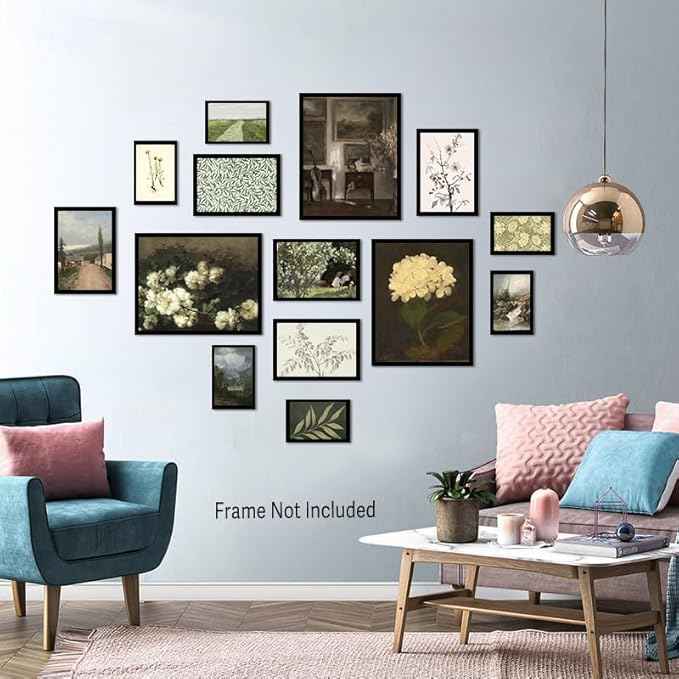 28 PCS Country Botanical Floral Gallery Wall Art， Vintage Posters For Room Aesthetic,Sage Green Wall Art Decor， Moody Art Vintage Painting Antique Pictures Set For Home Bedroom(Black Frame)