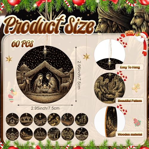 60 Pcs Christmas Ornaments Nativity Scene Wooden (60 Count)