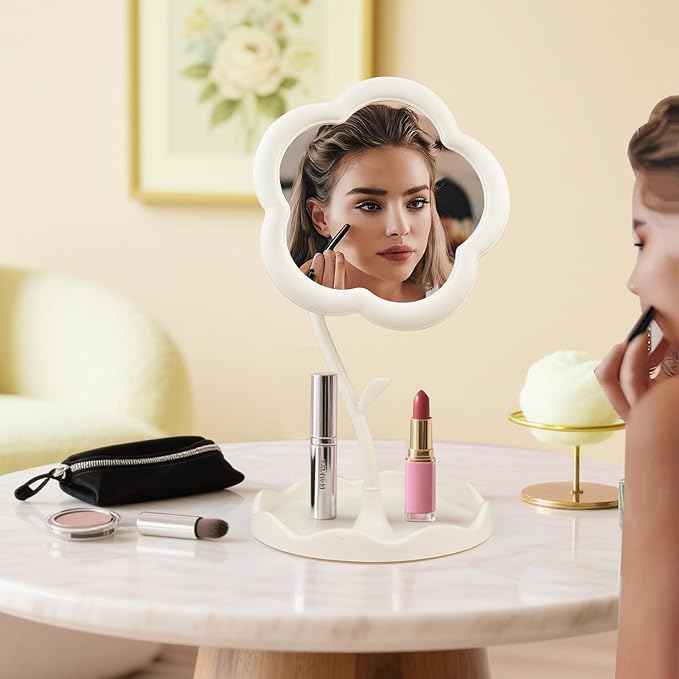 Desk Mirror, Desk Flower Compact Adjustable Vanity Mirror, Office Cubicle with Jewelry Tray & Foundation Brush, Cute Makeup Mirror with Standing, Home Decor for Bedroom Living Room Dormitory(White)