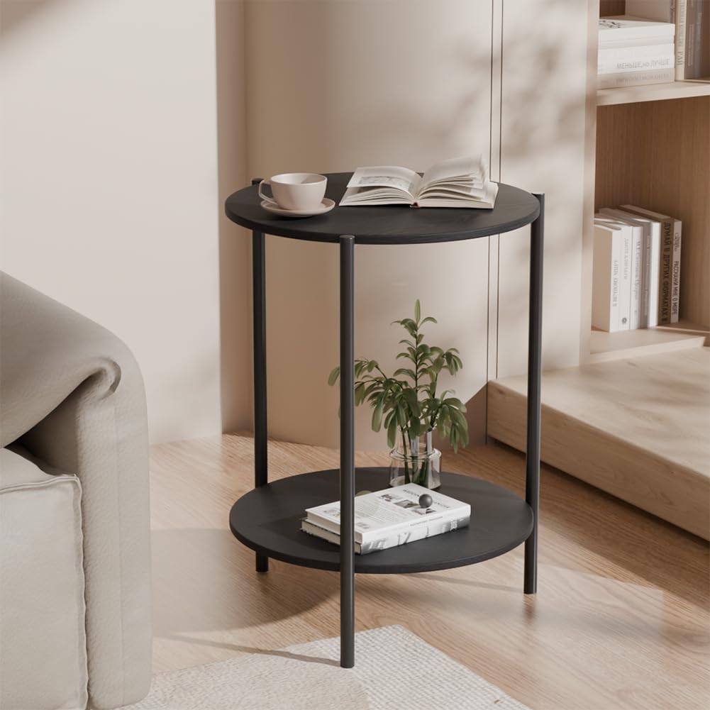 Side Table, Round End Table with 2-Layer Storage Rack, 15.7" Small Spaces Circle Table, Metal Frame Design Small Side Tables, for Living Room, Bedroom, Black