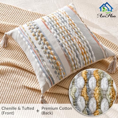Set of 2 Chenille Striped Textured Boho Throw Pillow Covers Aesthetic with Tassels Woven Decorative Pillow Case for Couch Bed Sofa Bedroom Modern Funky 18 x 18 (2 Count)
