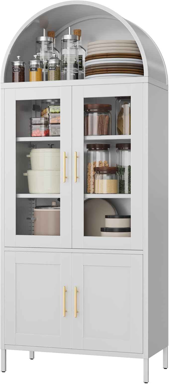Metal White Arched Pantry Cabinet with 4 Doors,Arched Bookcase Cabinet with 2 Adjustable Shelves for Kitchen Home Office,Required Assembly