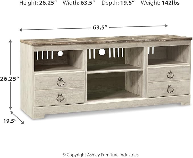 Signature Design by Ashley Willowton Farmhouse 3-Piece Entertainment Center for TVs up to 73" with LED Lighting, Whitewash